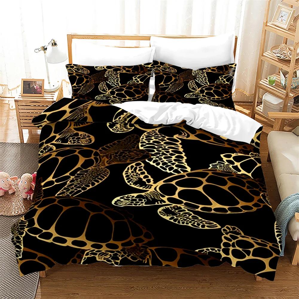 Sea Turtle Duvet Cover for Children Boys Girls Adult Black Gold Tortoise Reptile Theme for Bedroom Decorations Queen King Size