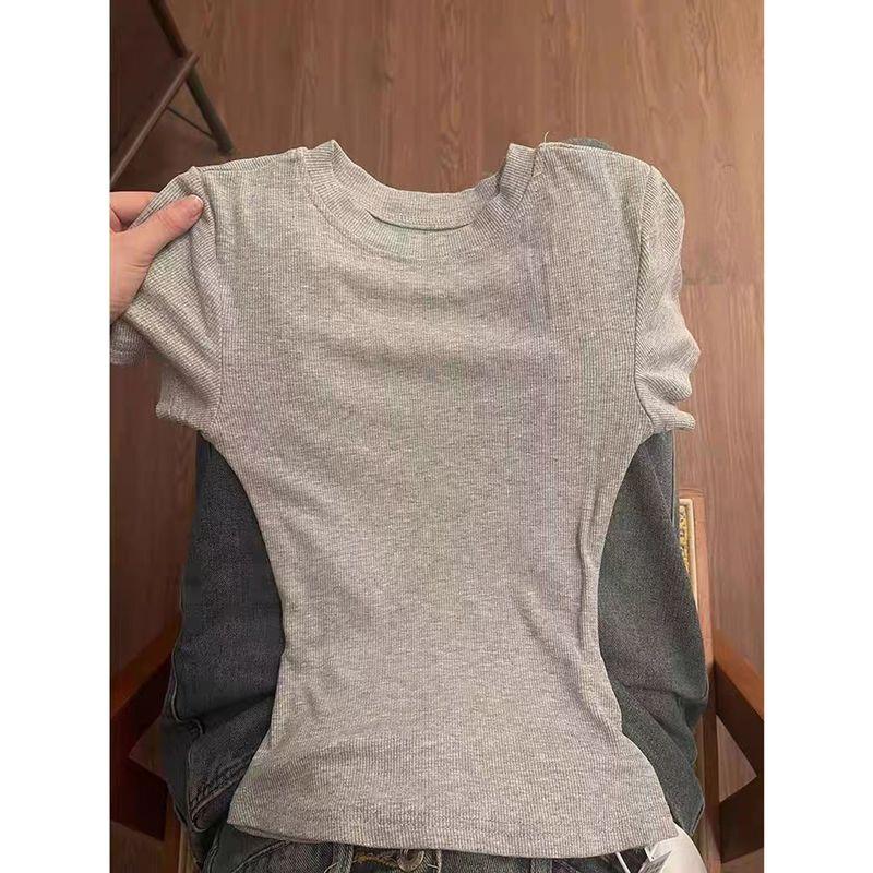 

Light Gray Waist Hugging Short Summer Thin Short sleeve T-shirt Women Slim fit Slimming Basic American Style Gyaru Tight Waist Top White gray XL