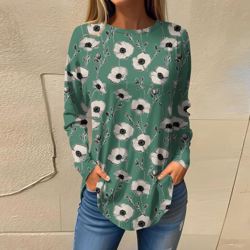 Women's  Loose Casual Flower Printed Round Neck Long Sleeved T Shirt Top Pullover Long Sleeved Sweatshirt