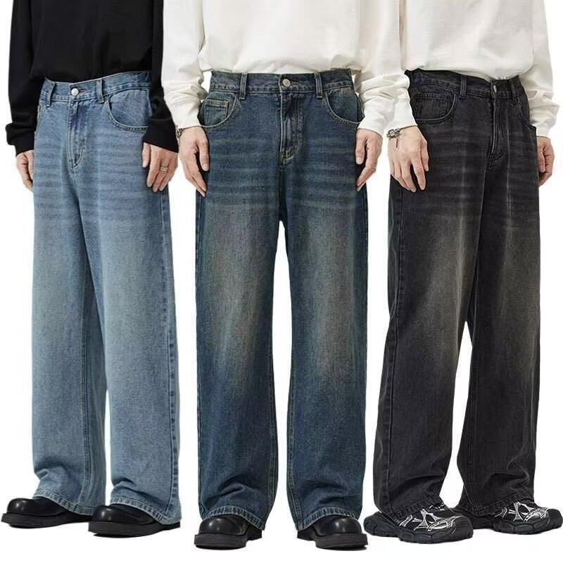 Jeans Autunnali a Gamba Dritta da Uomo Lavati Casual alla Moda di Marca Senso del Design High Street, Robusti e Belli Retrò con Pieghe a Lunghezza Pavimento