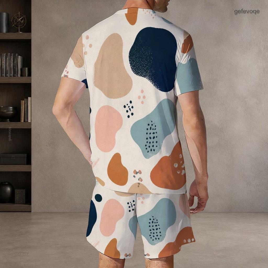 Men Plus Size Printed Round Neck Short Sleeve Top Drawstring Pocket Shorts Two Piece Set