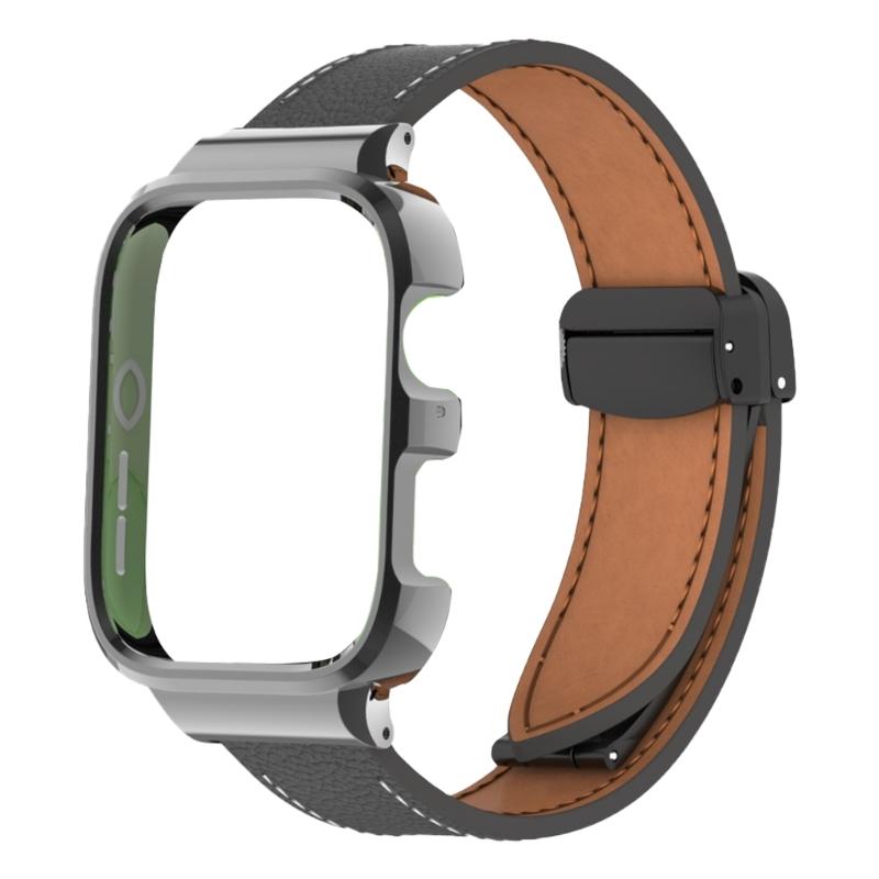 Leather Watch Band Replacement Band Lychee Texture Strap for Fit 3 Wristband Sweatproof Bracelet with Metal Frame