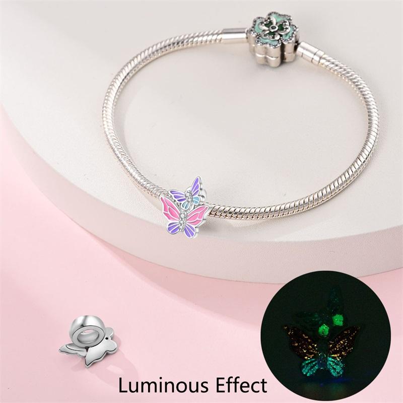 Spring Copper Pink Luminous Butterfly Flowers Charms Beads Fit 3Mm Original Bracelets Fine Diy Jewelry Birthday Gift