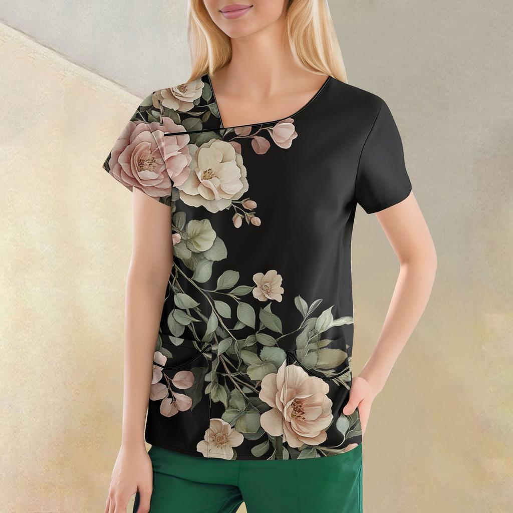 Women's Casual  Print Short Sleeve Sloping Collar Workwear Top With Double Pockets