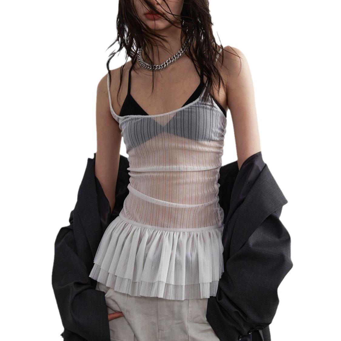 

Прозрачный жилет кроп сексуальный топ с многослойными оборками короткая майка S