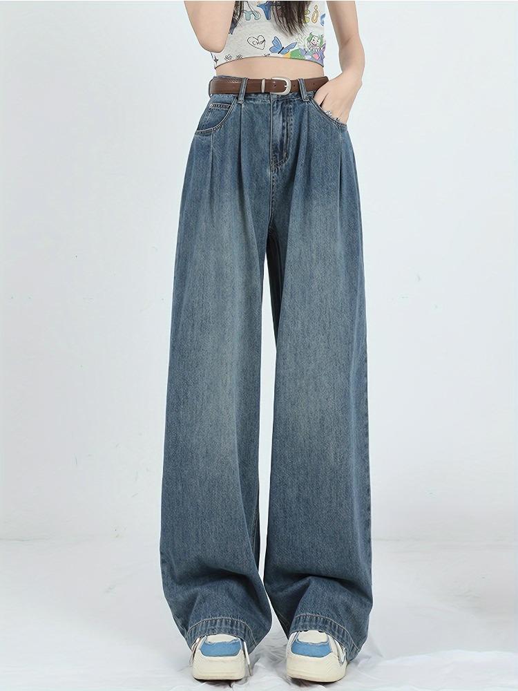 Einfache Retro-Stil Loose Fit Jeans mit Falten und Schrägtaschen Denimhosen ohne Gürtel Damenjeans & Kleidung