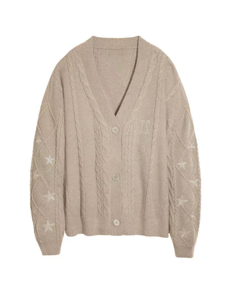 Title: Women's Orange Brown V-Neck Knit Cardigan with Twisted Cable Pattern