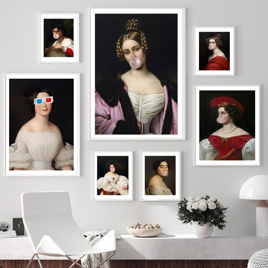 

Постеры на скандинавскую тему и принты, забавная женщина, дующая жевательная резинка, Современная настенная живопись на холсте, украшение для дома, фотографии для гостиной