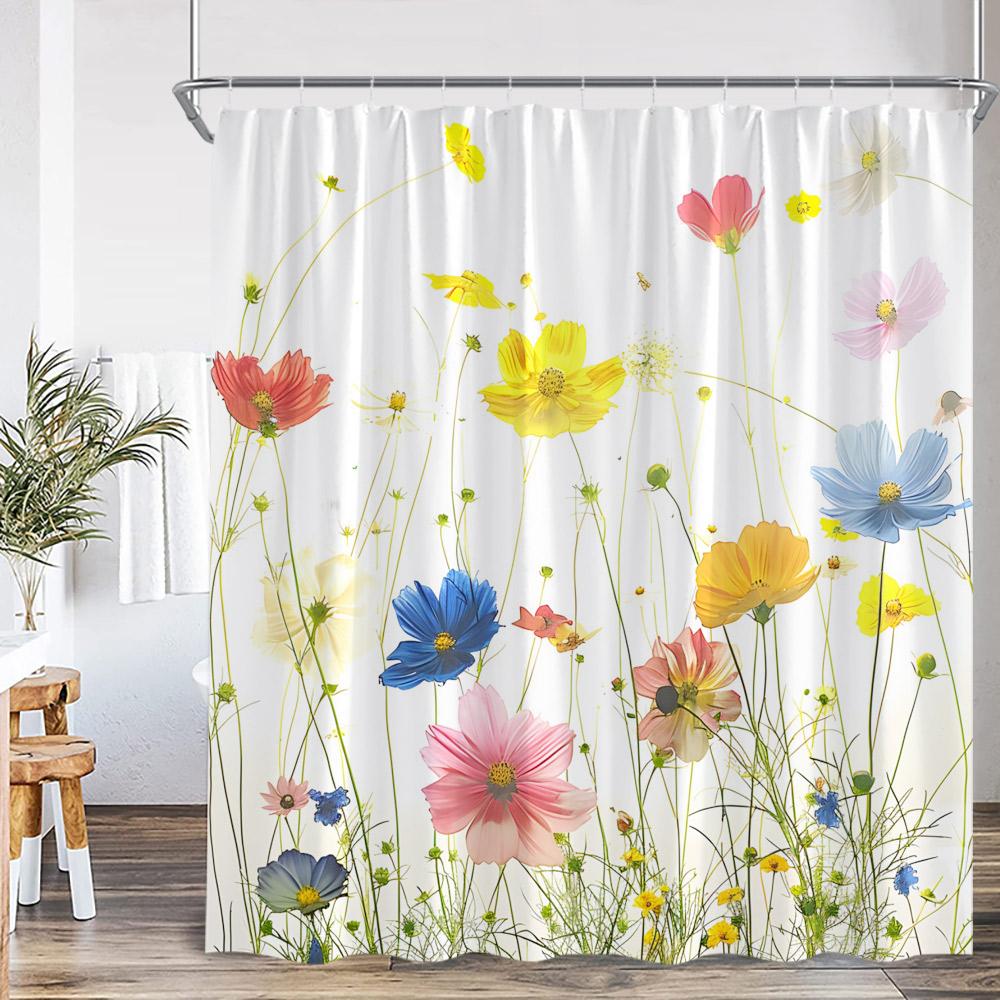 Blumen-Duschvorhang Bunter Blume Gänseblümchen Löwenzahn Mohnblume Blatt Kraut Pflanze Badezimmer-Dekor Ölgemälde Duschvorhang