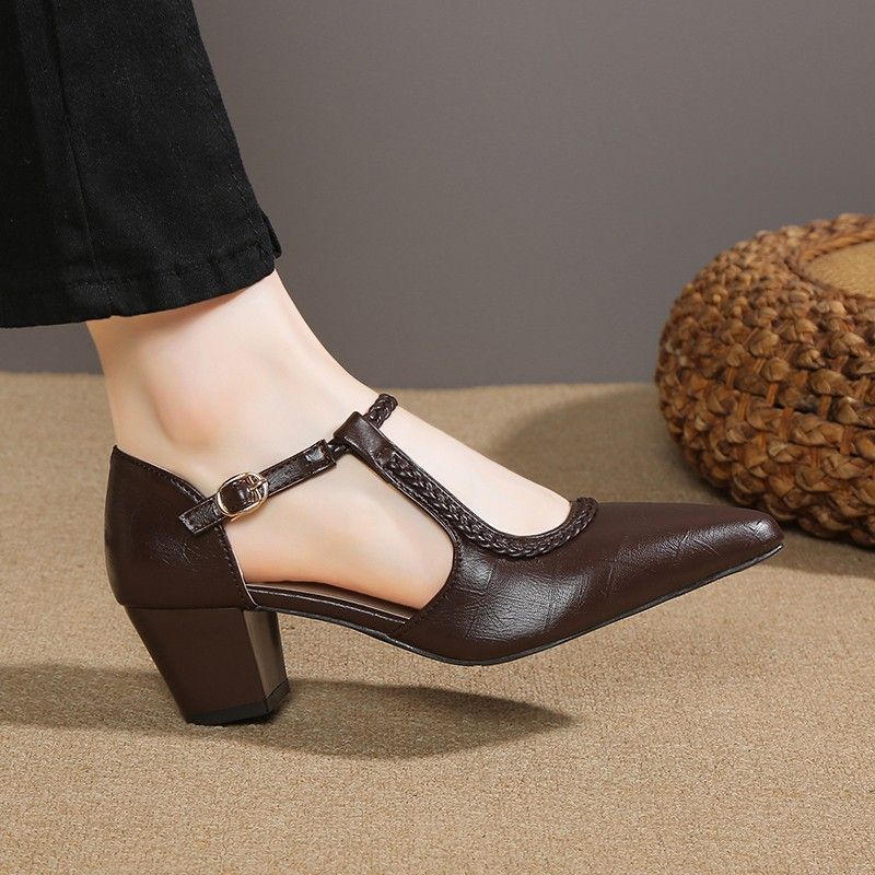 

Босоножки на высоком каблуке с сумкой на носке, женские, на толстом каблуке, универсальные, французские, ретро, с каменным узором, с манговидным носком, летние, с вырезами, с острым носком, женская обувь 40 коричневый