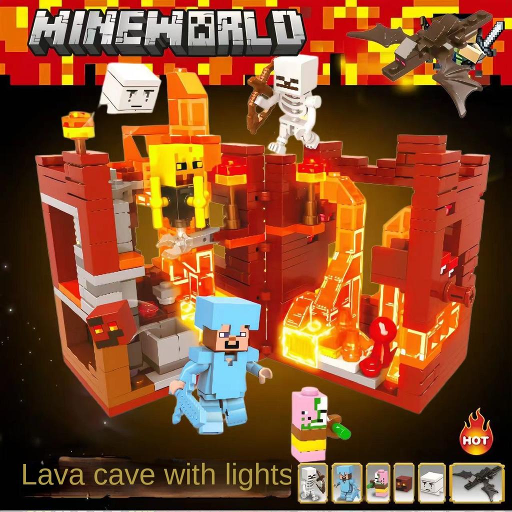 Minecraft Lava Mine Building Blocks Set with Light-Up Pieces, Educational STEM Building Toy for Boys Girls Kids, Creative DIY Assembly Gift