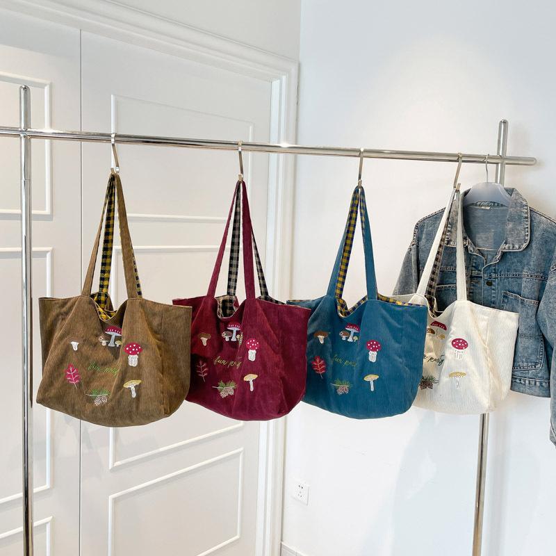 Mori Mushroom Embroidered Shoulder Messenger Bag Corduroy Plaid Double-sided Bag Autumn and Winter New Retro Student Class Bag