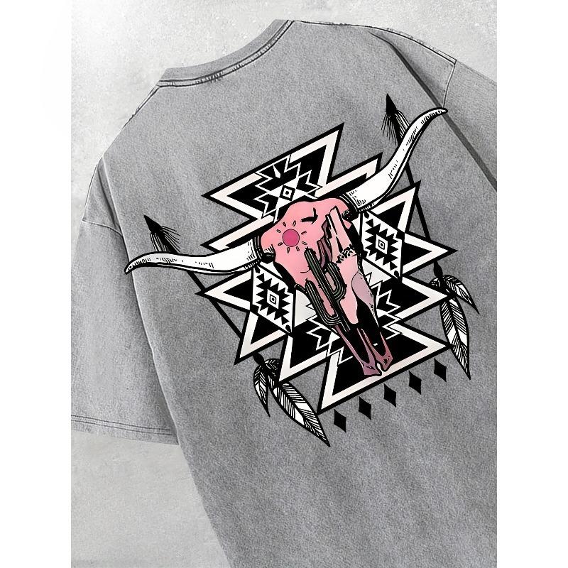 

European sizes Men s T-Shirt Retro Western Cowboy Style Printed with Cow Skull Pattern, Short Sleeve, Crew Neck, Summer Outdoor Wear, Trendy Top 5XL сірий