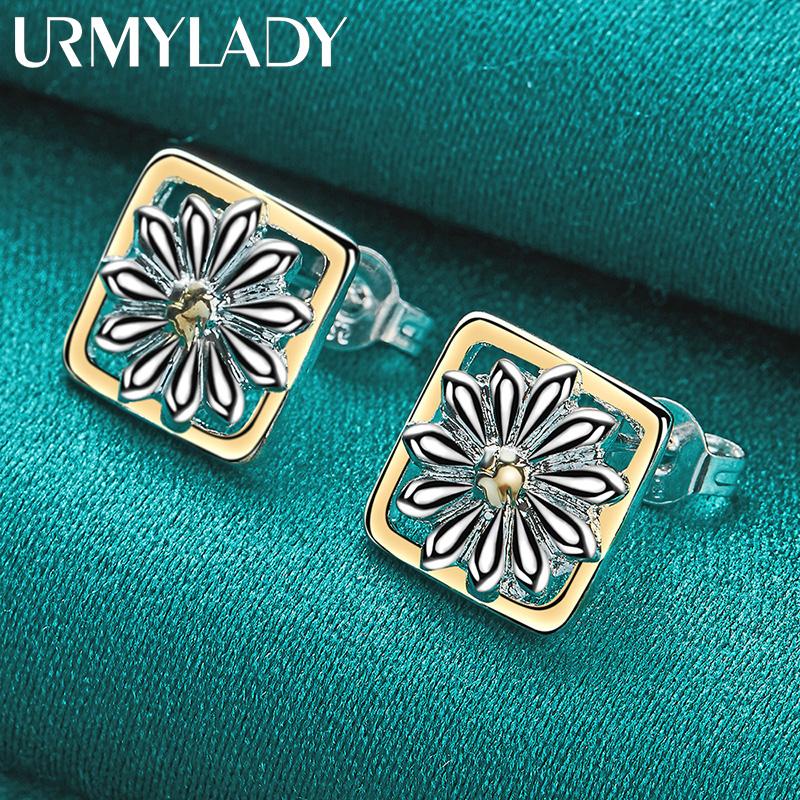 925 Sterling Silver Square Flower Stud Earrings For Women Party Fashion Jewelry
