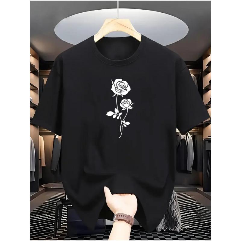 Europäische Größen Herren-T-Shirt mit Rosen-Design, vielseitige lässige Basisschicht, perfekt für bequeme Sportbekleidung