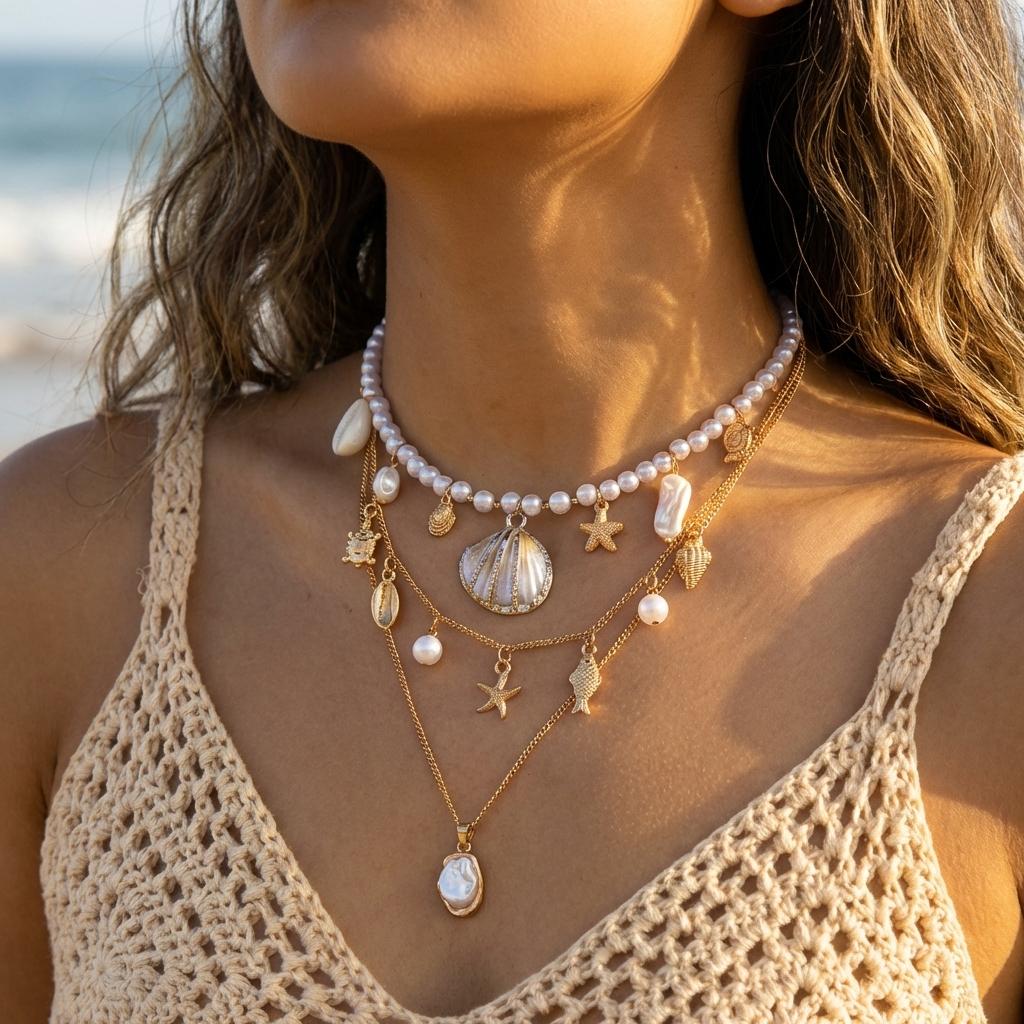 Bohemian Handgefertigter Seestern Sonne Anhänger Halskette für Damen Sommer Muschel Imitation Perle Reiskorn Perlen Choker Strandurlaub Schmuck