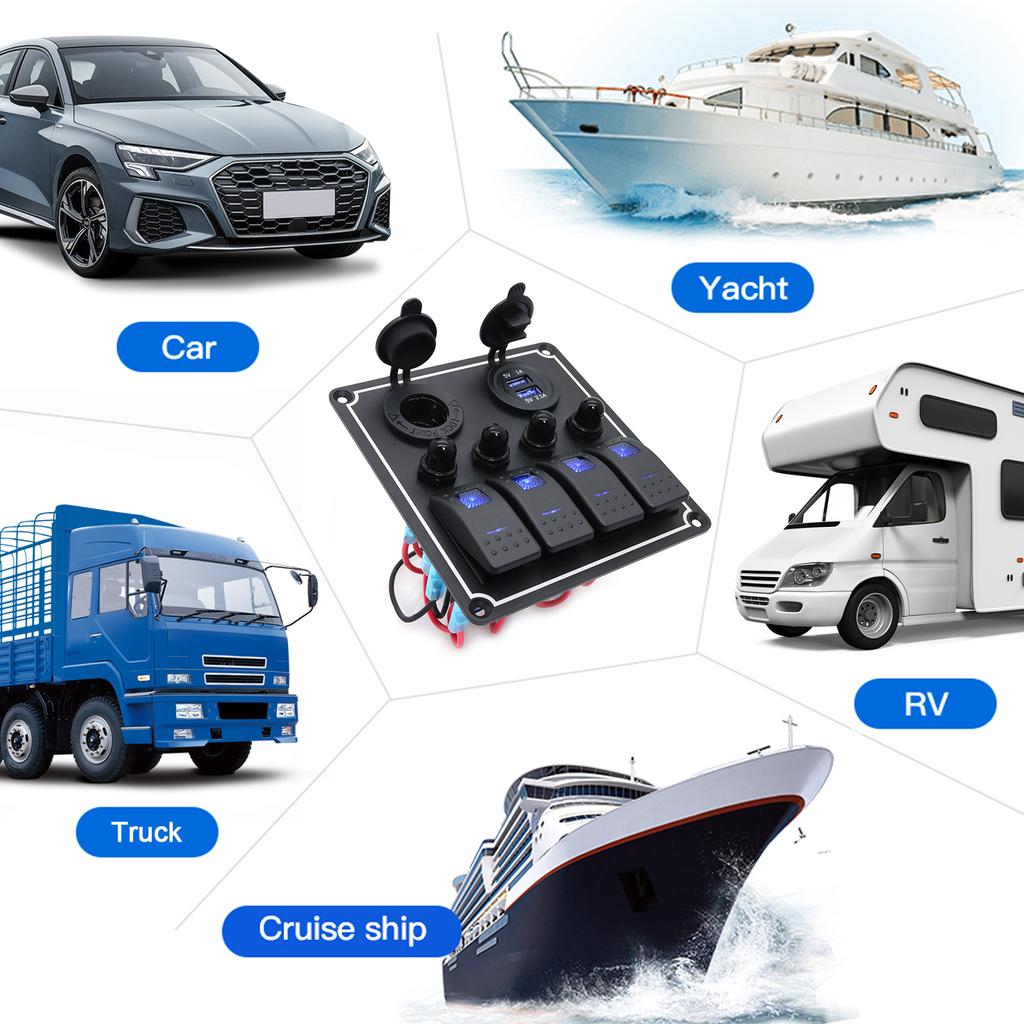 Metal Waterproof Rocker Switch Panel Dual USB Ports With Circuit Protect Circuit Breaker Blue LED Light For Car RV Marine Boat