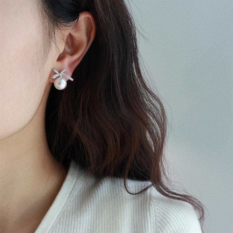 PONYKISS  Sterling Silver Zircon Pearl Bowknot Stud Earrings for Women Minimalist Cute Fine  Light Luxury Accessories