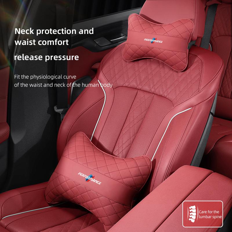 CXVA5 Car Seat Neck Pillow Leather Memory Cotton Headrest For BMW Performance F30 E90 F20 E46 X7 X6 Car Interior Head Support Keychain