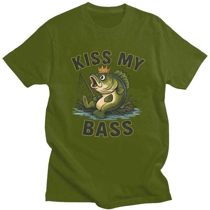 Kiss My Bass Tshirts for Men Short Sleeves T Shirt Cool Angler Fishing Lover Tshirts Pure Cotton Tees Valentines Day Gift