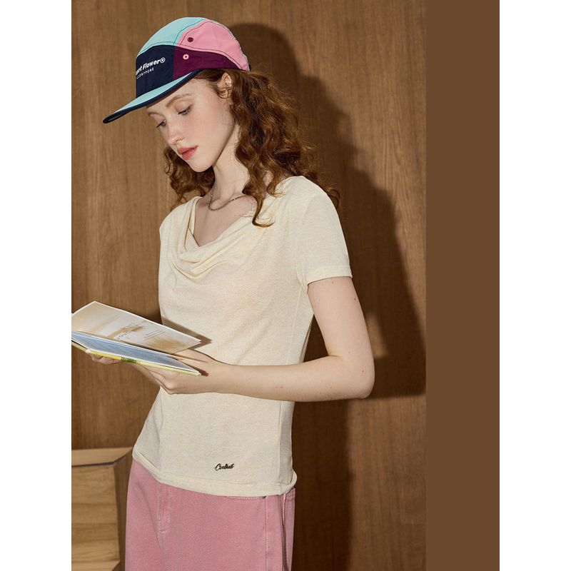 Coolhut Solid Color Versatile Swing Collar Short-Sleeve Casual Pure Desire Style Off-Shoulder Short-Sleeve Spicy Girl 2025 Summer Women's T-Shirt