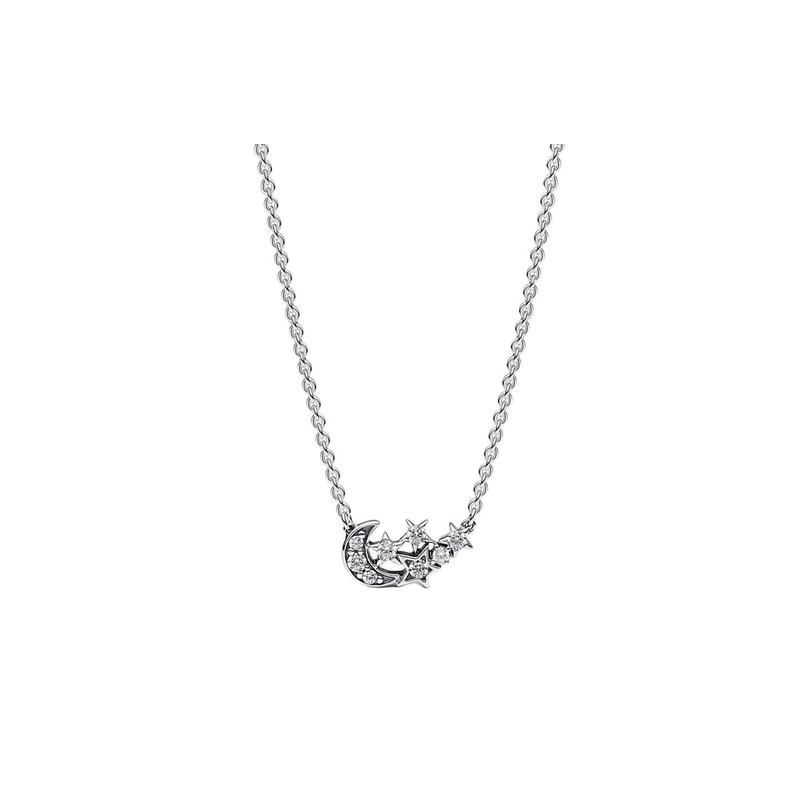 Pandora Moon and star shape cubic zirconia sterling silver necklace for men and women, couple style, silver 392991C01 серебряный
