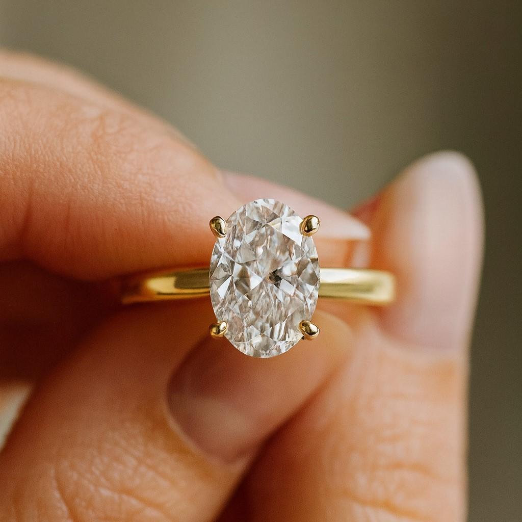 Oval Cut Diamond Ring – Yellow Gold Plated Solitaire Ring, Engagement, Wedding, Anniversary, Promise Ring, Gift for Her