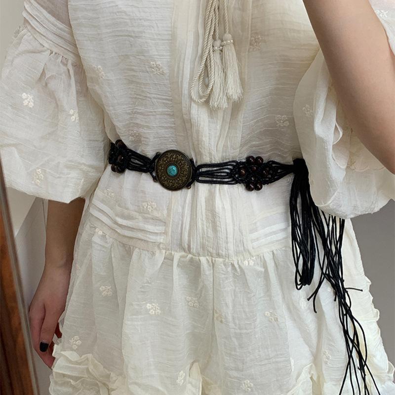 Hemp rope woven multi-layer pattern wood bead waist chain niche temperament retro belt temperament versatile high-end jewelry women