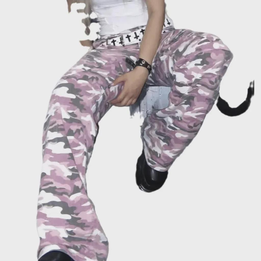 Men's Retro Pink Camo Hiphop Cargo Pants - Loose Fit, Wide-Leg Lumberjack Style