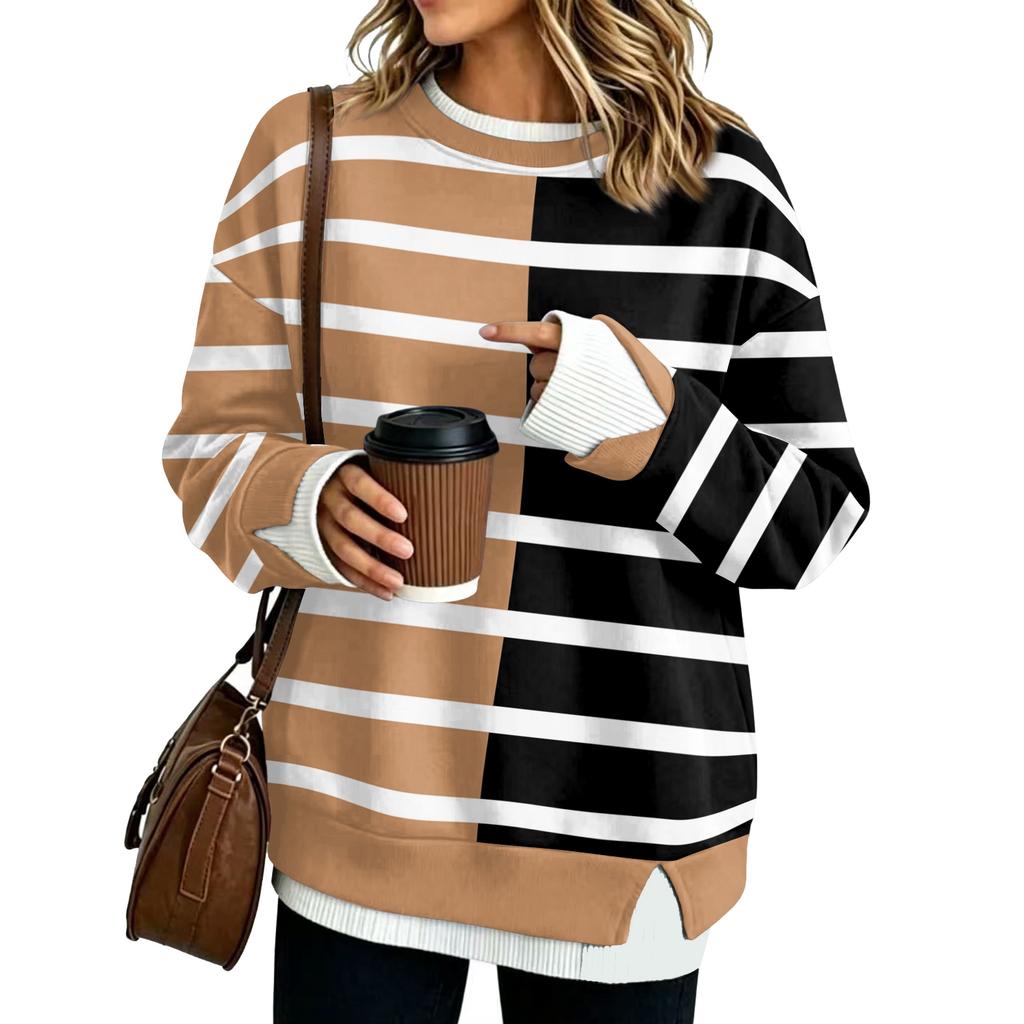 Trendy Women's Casual Loose Fit Long Sleeve Two Piece Striped Sweatshirt Pullover Top