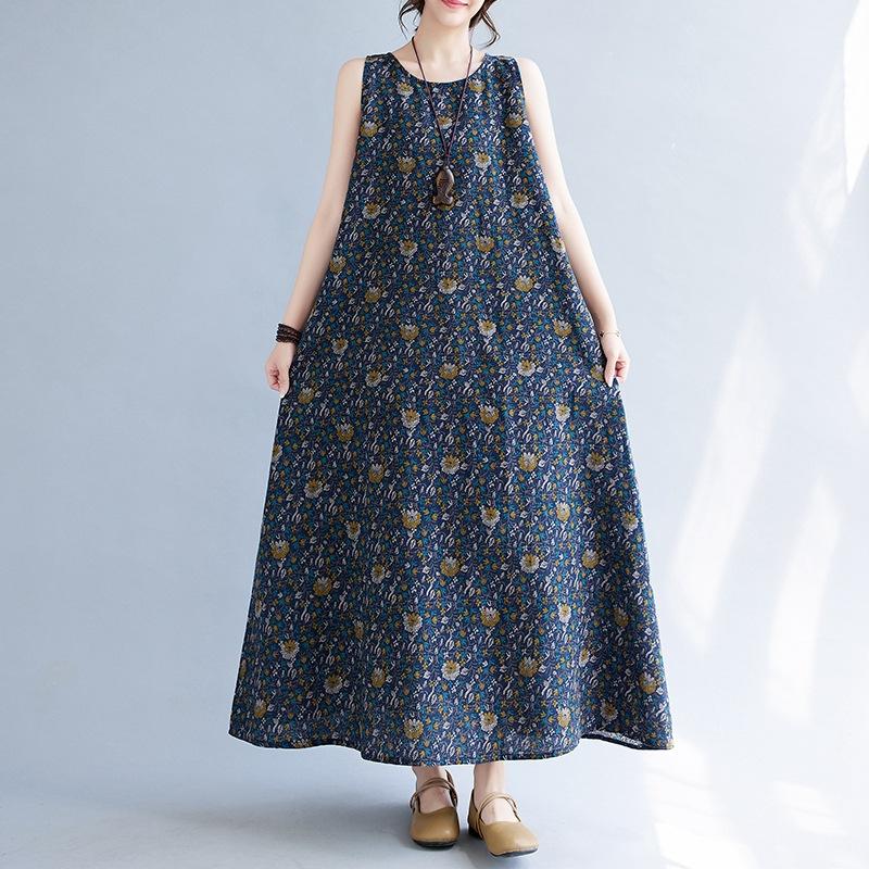 

Летнее хлопковое льняное художественное свободное платье-жилет без рукавов с ретро-цветочным принтом для женщин 2XL