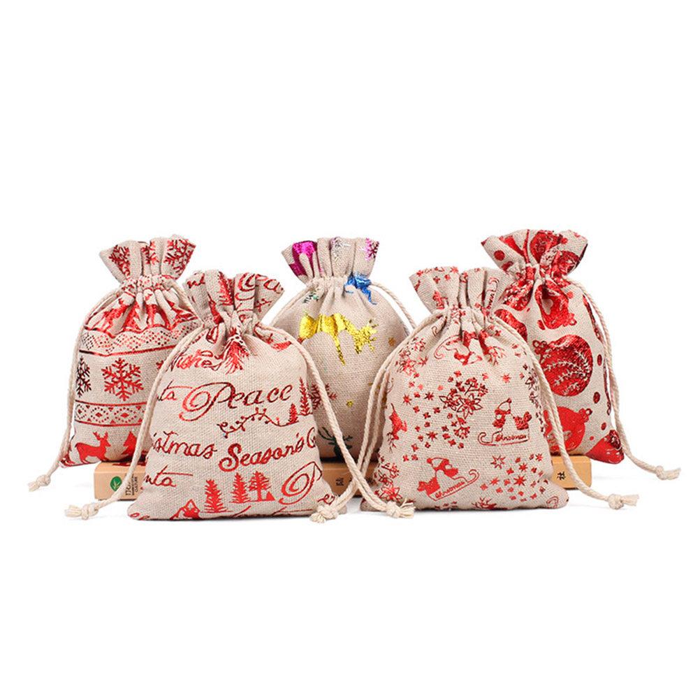 30pcs Christmas Jute Bags C y Gift Drawstring Pouches Printed Linen Storage Cookie Snack Party Favor Reusable