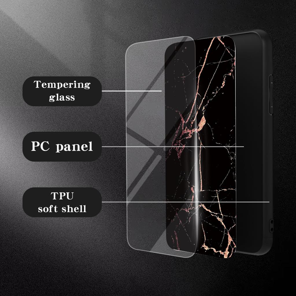For iPhone 16 Pro Case Marble Pattern Tempered Glass+PC+TPU Protective Phone Cover