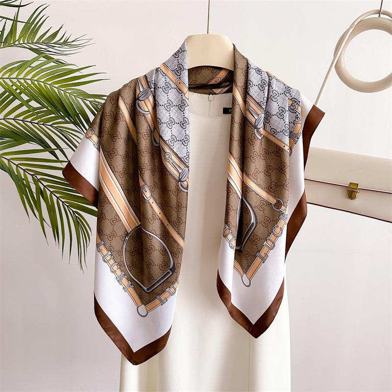 Simple Color Block Print Silk Scarf 90Cm Twill Scarf Versatile Square Scarf Sunscreen Shawl Headscarf Women