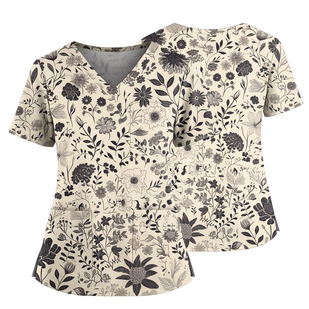 Damen Casual Bedrucktes V-Ausschnitt Taschen Seitennaht Schlitz Kurzarm Top