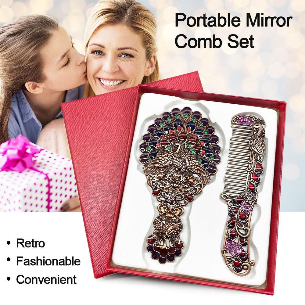 Peacock Open Screen Retro Small Mirror with Metal Handle Handheld Cosmetic Comb