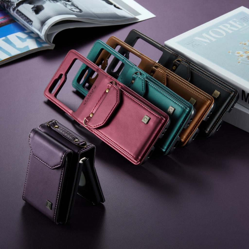 Crossbody Wallet Vertical Cards Solt Lanyard Leather Case For Samsung Galaxy Z Flip 5 5G ZFlip5 Purse Pocket Bag Strap Cover