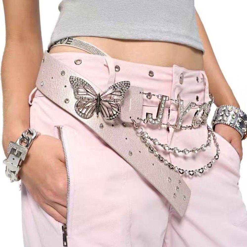PU Leather Butterfly Waist Chain Spice Girl Y2K Waistband Rhinestone Belts  Decorative Jeans