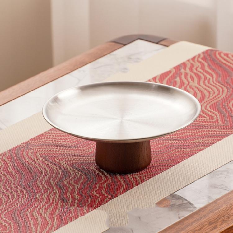 Stainless Steel High Footed Cake Storage Tray Appetizer Platter Fruit Display Plate Household Wood Base Snacks Pans