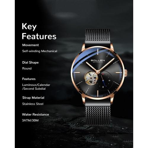 SOLLEN Men's Skeleton Automatic Watch - Original Mechanical Movement, Mineral Glass, 30m Water Resistance, Seconds Subdial & Luminous Hands, Minimalis