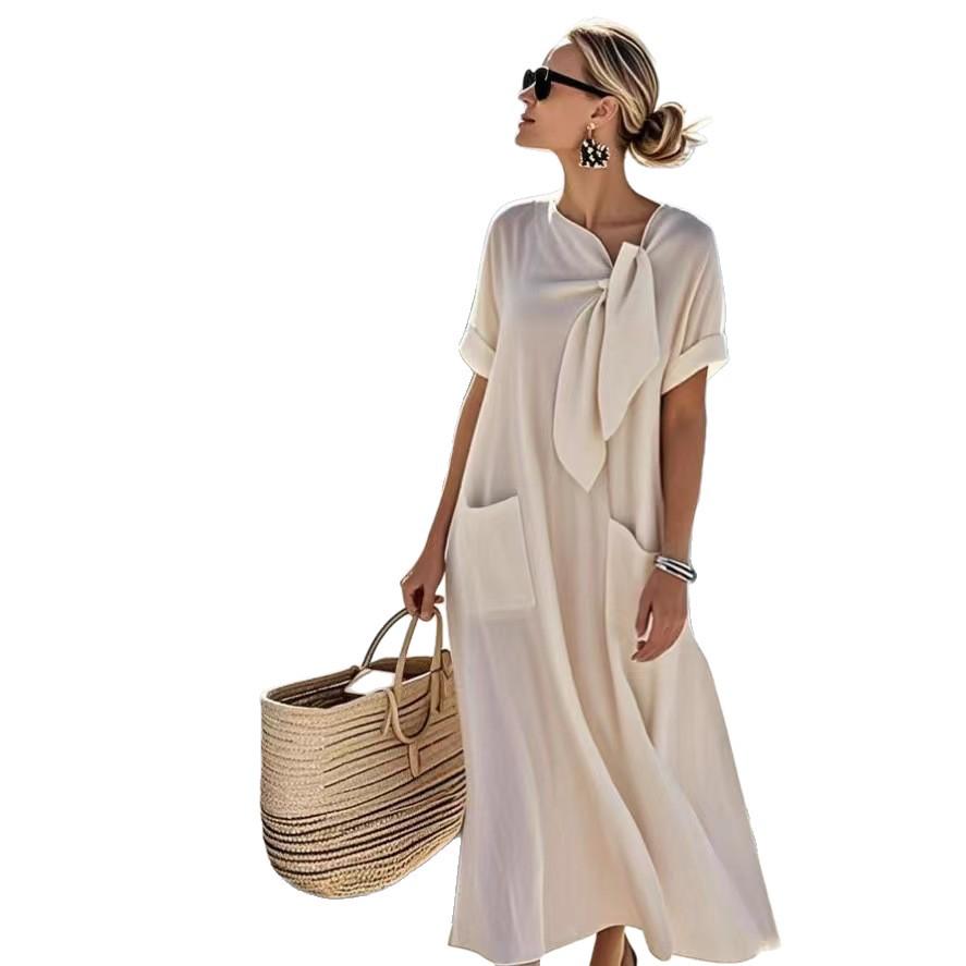2025 Summer Elegant Plus Size Loose Long Dress with Bow Pockets and Short Sleeves