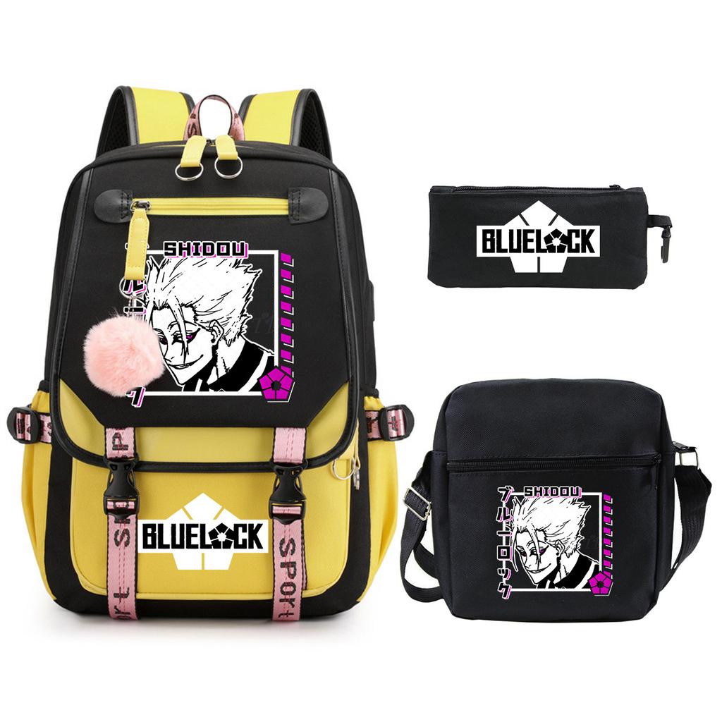 Blue Prison Student School Bag Large Capacity Children'S Shoulder Bag Casual Pencil Bag Set