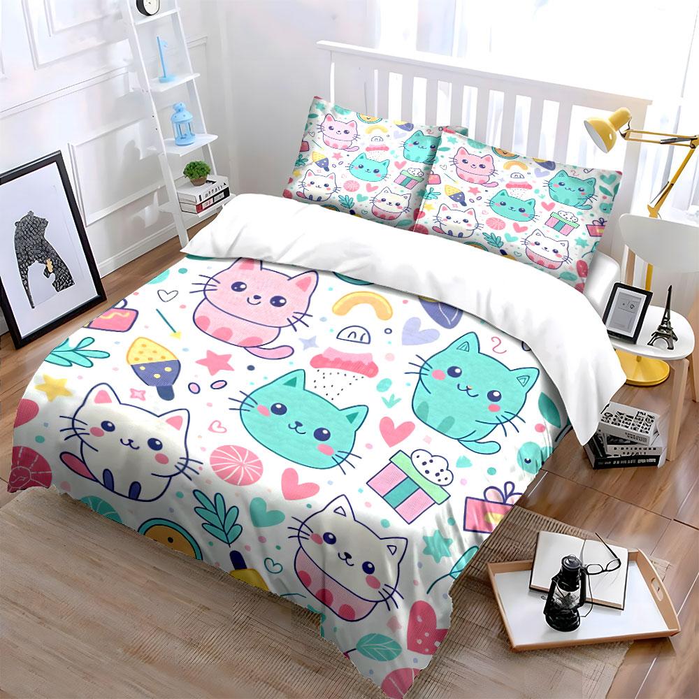 Cute Cartoon Cats Home Decor Soft Skin-Friendly Bedding Set Includes 1 Duvet Cover And 2 Pillowcase, Gift