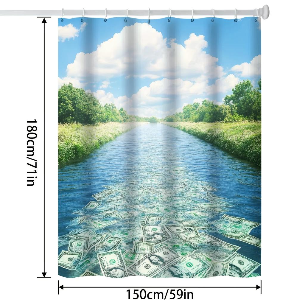 Modern Cartoon Money River Bath Curtain - Vibrant Blue Water with Dollar Bills,  Machine Washable, All-Season Bathroom Decor