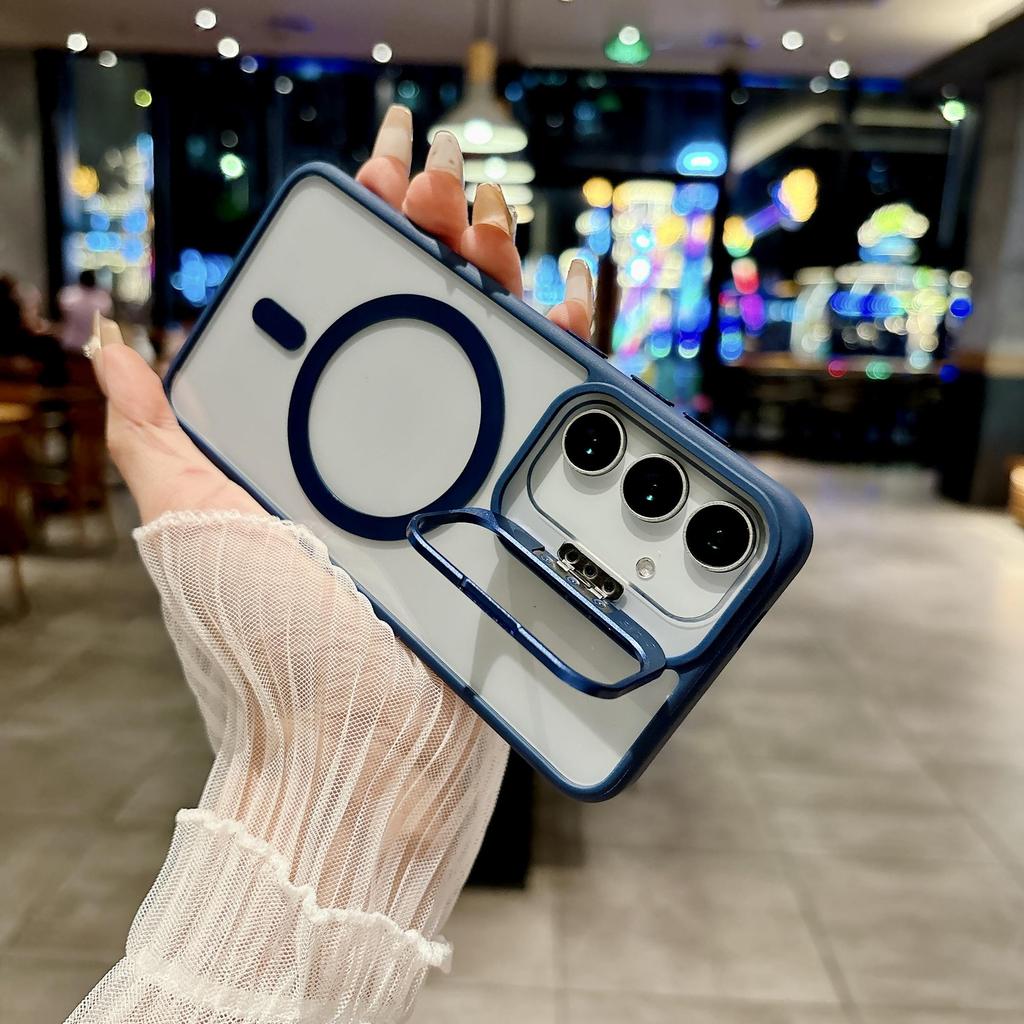 Solid Color Transparent Camera Len Stand Magnetic Charge Bumper Phone Case For Samsung Galaxy S25 Ultra S24 FE S23 Plus Soft Silicone Protection Cover