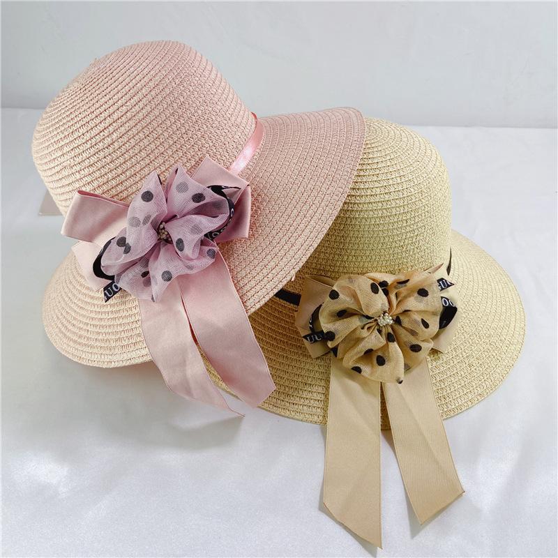 Bucket hat trendy breathable sun protection sun bow hat women's summer big brim straw hat shade beach hat