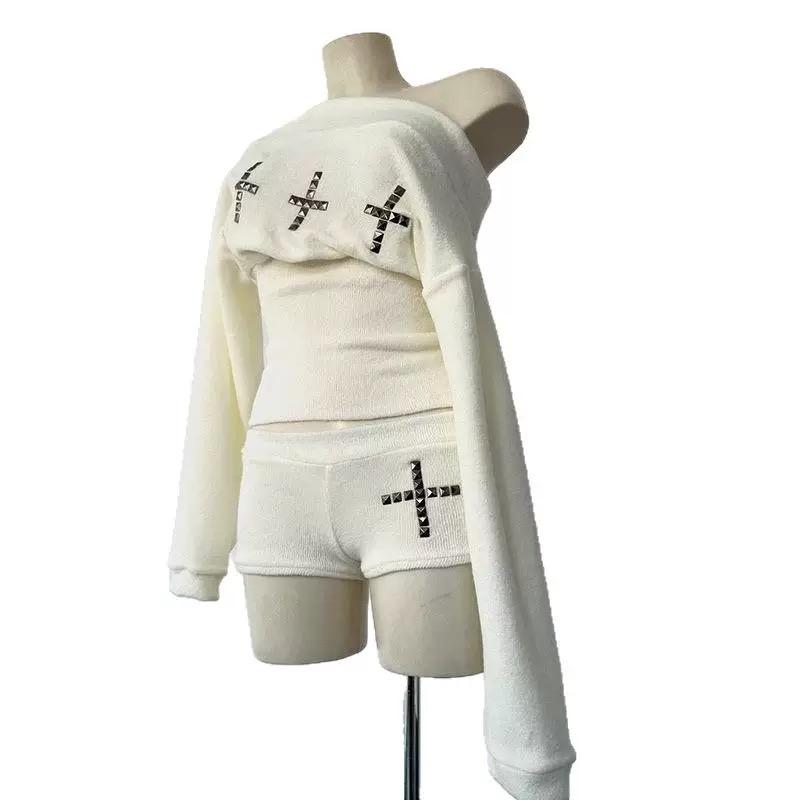 VAYLA Goth Aesthetic Women's Boat Neck Long Sleeve Top Sexy Slim Chic Cross Decoration Shorts Y2K Harajuku Emo Girls Streetwear Outfit