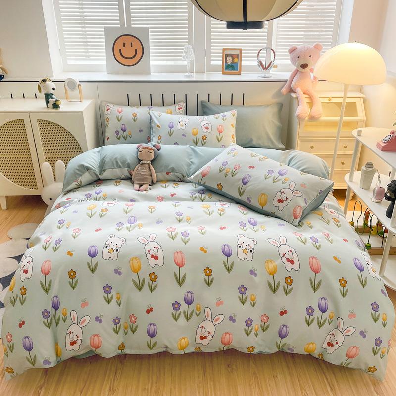 Four-piece Set of Floral Bed, Washed Quilt Set, Single Dormitory Three-piece Set