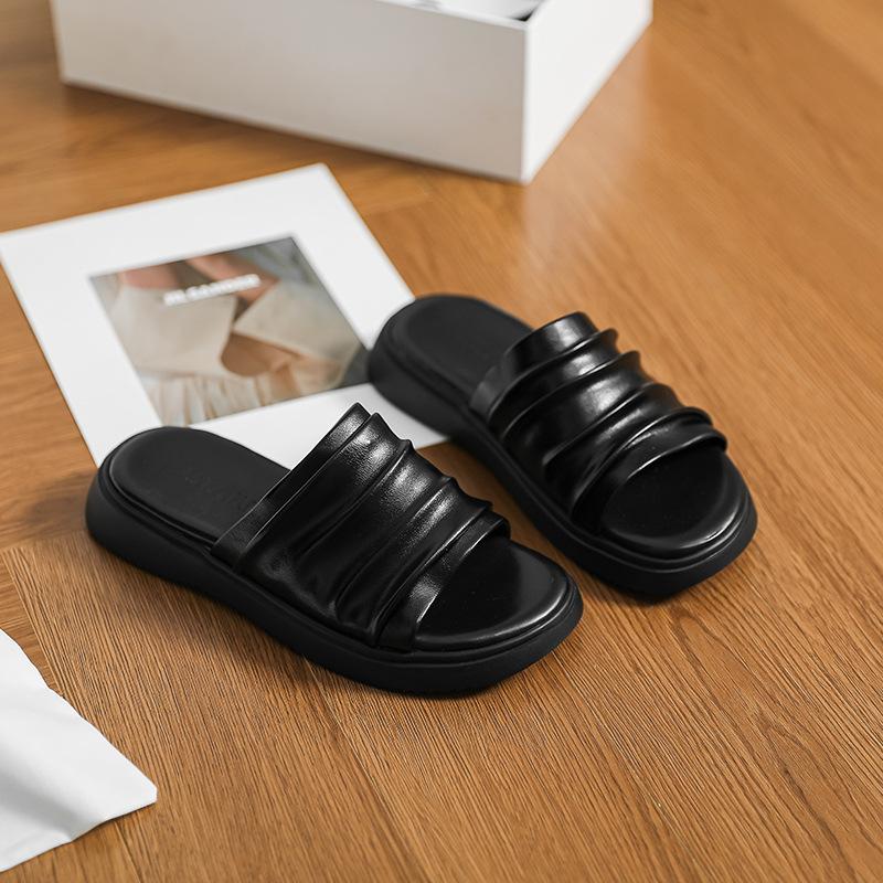 

Super comfortable~ Resort beach fold casual one-and-a-half slippers women s 2025 summer wear light open-toed slippers 35 чёрный