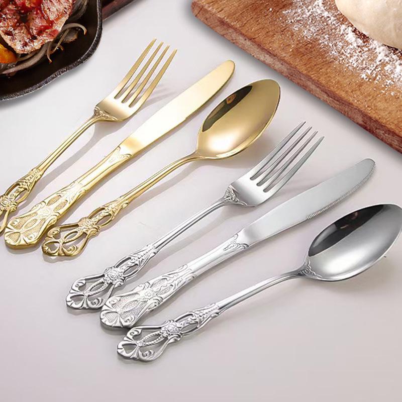 Royal Court Stainless Steel Retro Embossed Cutlery Set: Knife, Fork, Spoon, Steak Knife, Dessert Spoon.